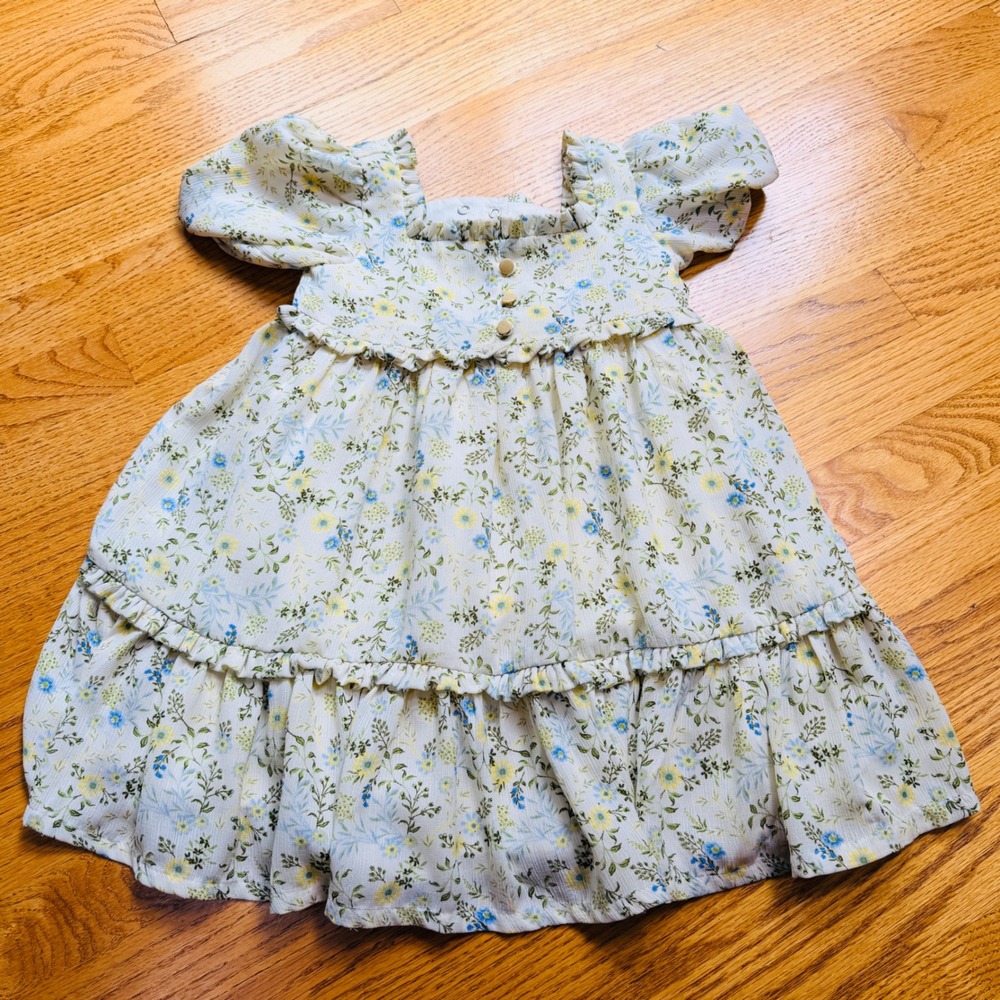 Shabby Chic Girls Floral Ruffle Tiered Dress Cream Blue Yellow 4T Cottagecore